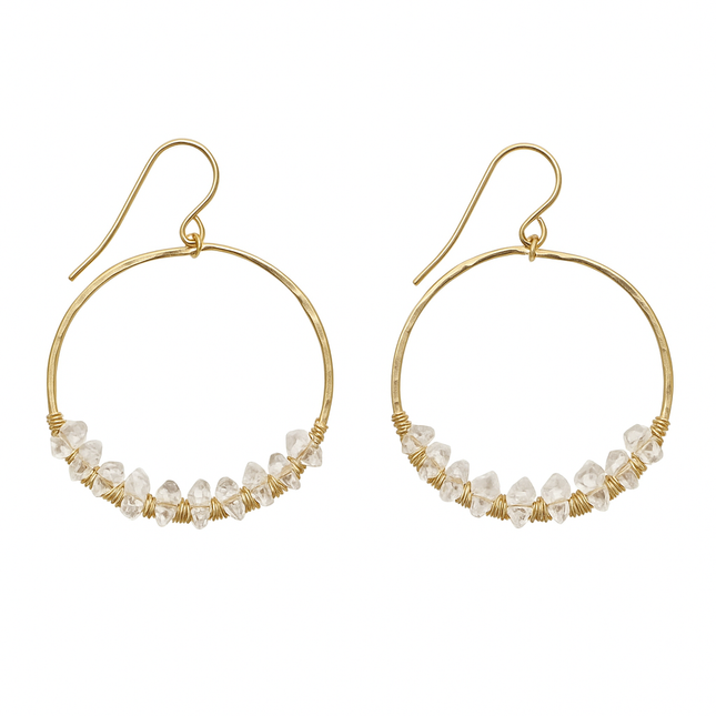 Hammered Gold Hoop Earrings with Wire-Wrapped Herkimer Diamonds – Handmade