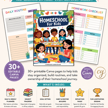 Homeschool Planner for Kids – 30+ Page Canva Template with Daily & Weekly Trackers