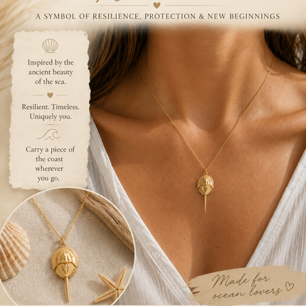 Horseshoe Crab Necklace | Bronze Coastal Pendant on Gold Filled Chain
