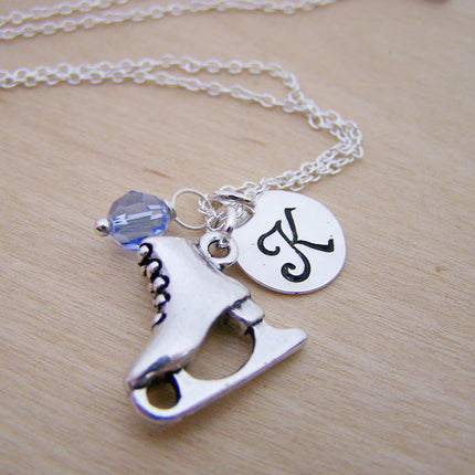 Personalized Ice Skating Necklace – Sterling Silver Skate Charm with Birthstone & Initial