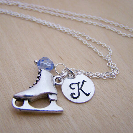 Personalized Ice Skating Necklace – Sterling Silver Skate Charm with Birthstone & Initial