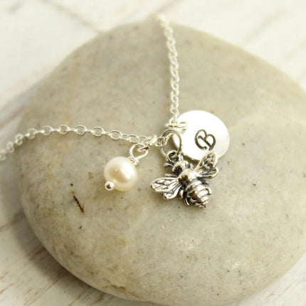 Bee Charm Necklace with Initial and Pearl or Birthstone – Sterling Silver