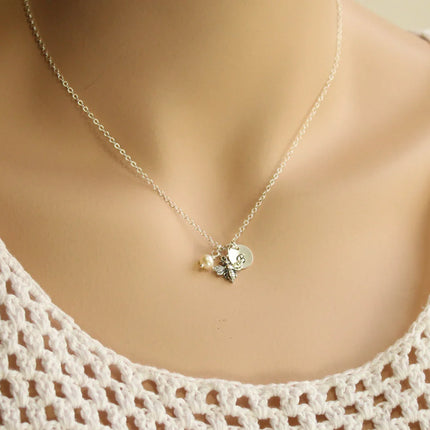Bee Charm Necklace with Initial and Pearl or Birthstone – Sterling Silver