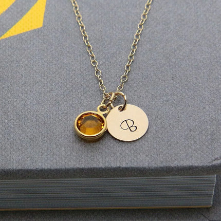 Gold Initial & Birthstone Necklace – Hand Stamped Charm with Swarovski Crystal