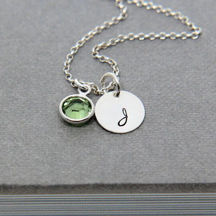 Silver Initial & Birthstone Necklace – Hand Stamped Charm with Swarovski Crystal
