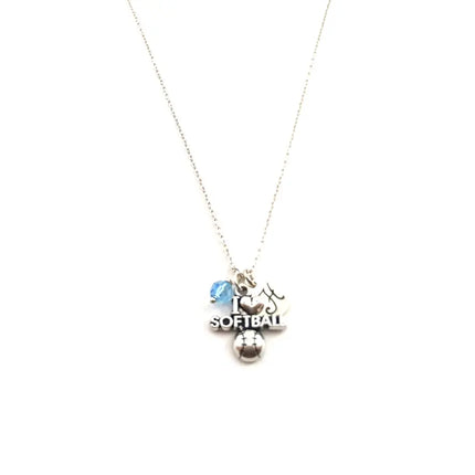 I Heart Softball Charm Necklace - Personalized Sterling Silver Jewelry