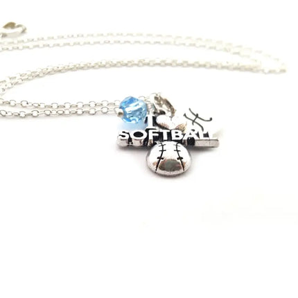 I Heart Softball Charm Necklace - Personalized Sterling Silver Jewelry