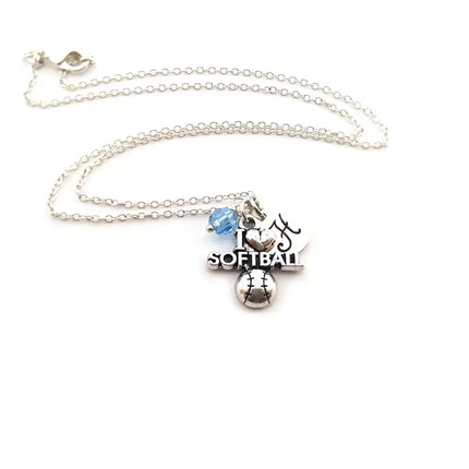 I Heart Softball Charm Necklace - Personalized Sterling Silver Jewelry