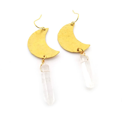 Gold Crescent Moon Crystal Earrings - Drop Earrings - Crystal Earrings