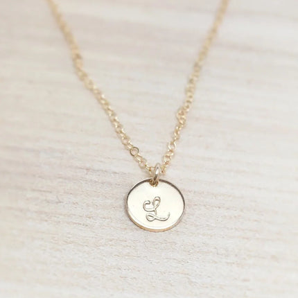 Tiny Gold Initial Disc Necklace – 9mm Charm on 18” Chain