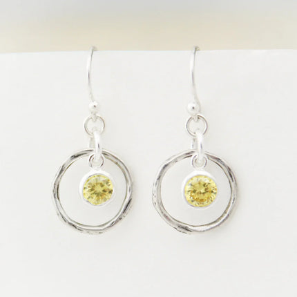 Hammered Orbit Birthstone Earrings – Sterling Silver