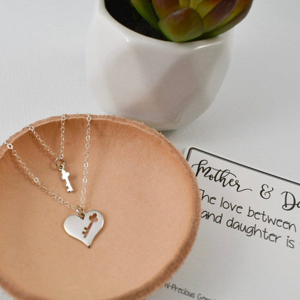 Sterling Silver Mother-Daughter Necklace Set – Heart with Key Cutout & Matching Key on 18" + 16" Chains