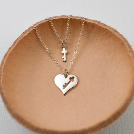 Sterling Silver Mother-Daughter Necklace Set – Heart with Key Cutout & Matching Key on 18" + 16" Chains