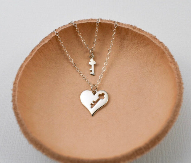 Sterling Silver Mother-Daughter Necklace Set – Heart with Key Cutout & Matching Key on 18" + 16" Chains