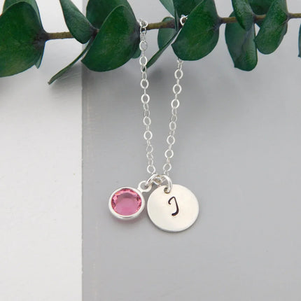 Silver Initial & Birthstone Necklace – Hand Stamped Charm with Swarovski Crystal