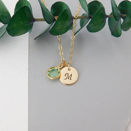 Gold Initial & Birthstone Necklace – Hand Stamped Charm with Swarovski Crystal
