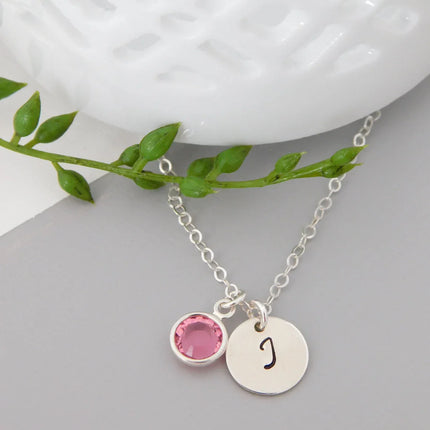 Silver Initial & Birthstone Necklace – Hand Stamped Charm with Swarovski Crystal
