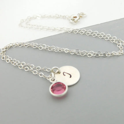 Silver Initial & Birthstone Necklace – Hand Stamped Charm with Swarovski Crystal
