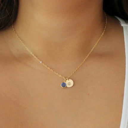Silver Initial & Birthstone Necklace – Hand Stamped Charm with Swarovski Crystal