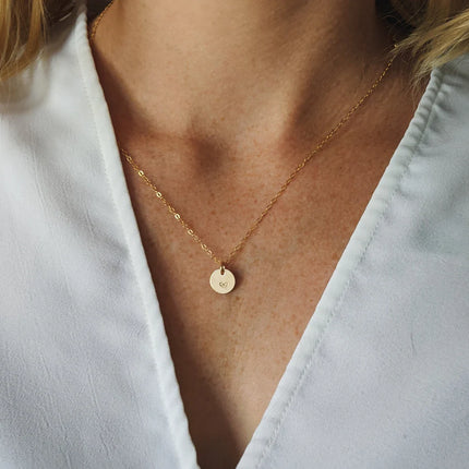 Tiny Heart Necklace – Hand Stamped 9mm Disc, 14k Gold Filled on 18" Chain