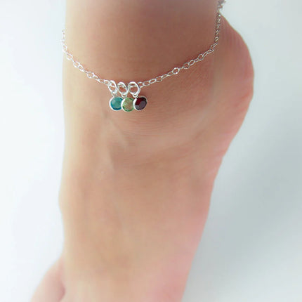 Personalized Birthstone Anklet for Mom – Adjustable Sterling Silver 8–9"