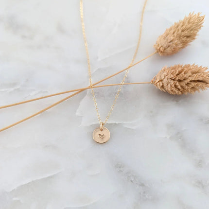 Tiny Heart Necklace – Hand Stamped 9mm Disc, 14k Gold Filled on 18" Chain
