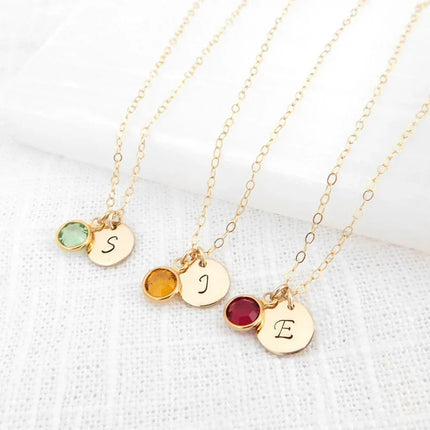 Gold Initial & Birthstone Necklace – Hand Stamped Charm with Swarovski Crystal