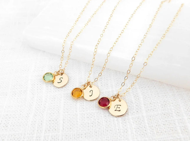 Gold Initial & Birthstone Necklace – Hand Stamped Charm with Swarovski Crystal