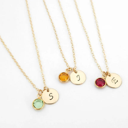 Gold Initial & Birthstone Necklace – Hand Stamped Charm with Swarovski Crystal