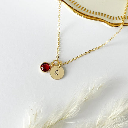Gold Initial & Birthstone Necklace – Hand Stamped Charm with Swarovski Crystal