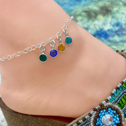 Personalized Birthstone Anklet for Mom – Adjustable Sterling Silver 8–9"