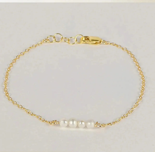 Minimalist Pearl Bar Bracelet – Genuine Freshwater Pearls, 14k Gold Filled, Adjustable 7–8”