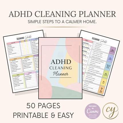 ADHD Cleaning Planner | 50 Pages Printable and Editable in Canva
