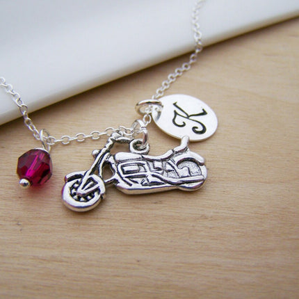 Personalized Motorcycle Necklace – Sterling Silver with Birthstone or Pearl