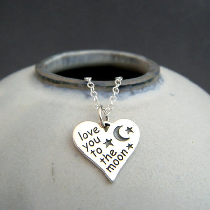 Love You to the Moon Necklace – Sterling Silver Heart Charm on 18" Chain