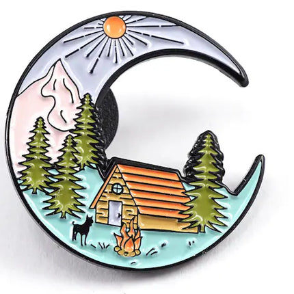 Crescent Moon Cabin Enamel Pin – Mountain Camping Adventure Pin