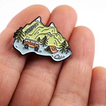 Australia Camping Enamel Pin – Freedom Road Trip & Mountain Adventure Design