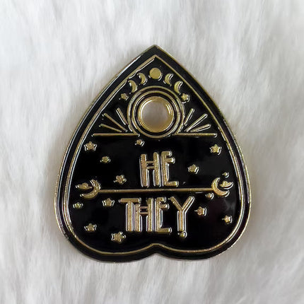 He / They Ouija Planchette Pronoun Enamel Pin – Spooky Pronouns Pin