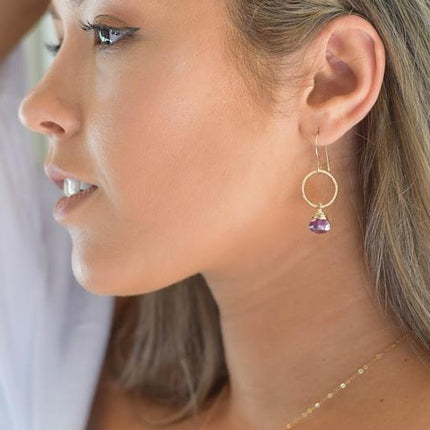 Ruby Quartz Earrings - 14k Gold Fill Earrings - Hammered Gemstone Hoop Earrings
