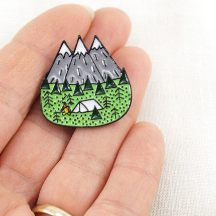 Mountain Camping Enamel Pin – Tent, Campfire & Forest Lapel Pin