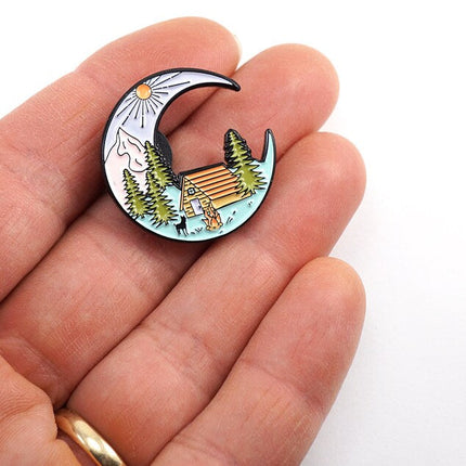 Crescent Moon Cabin Enamel Pin – Mountain Camping Adventure Pin
