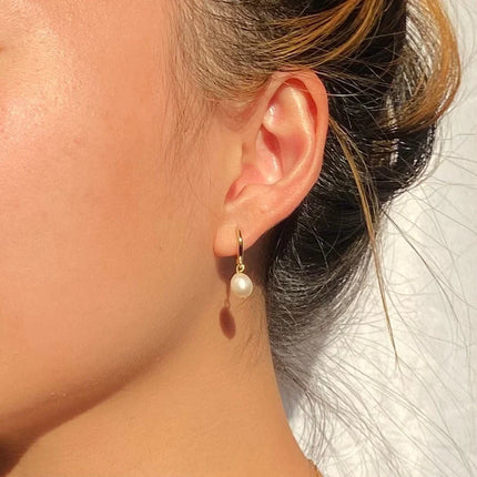 Gold Huggie Hoops with Freshwater Pearls – Handcrafted Bronze Hoops, Sterling Earwires, 14mm