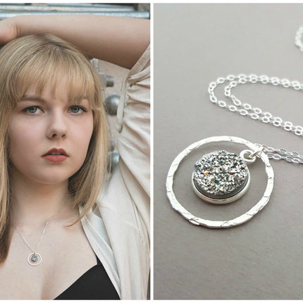 Druzy & Hammered Sterling Silver Halo Necklace – 18 Inch