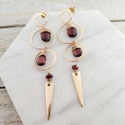 Garnet and 14k Rose Gold Filled Spike Earrings – Wire Wrapped Statement Earrings
