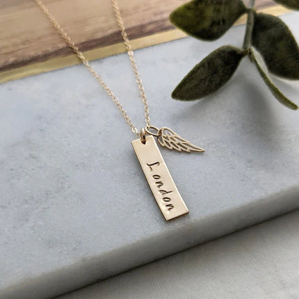 Personalized Angel Wing Memorial Bar Necklace