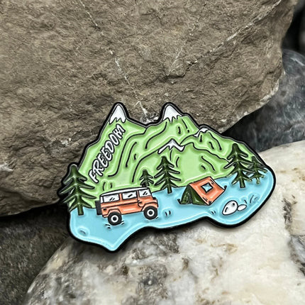 Australia Camping Enamel Pin – Freedom Road Trip & Mountain Adventure Design