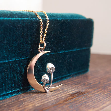 Forager Mushroom Moon Necklace – Sterling Silver & Bronze Pendant, 18" Gold Filled Chain, Handmade in Raleigh