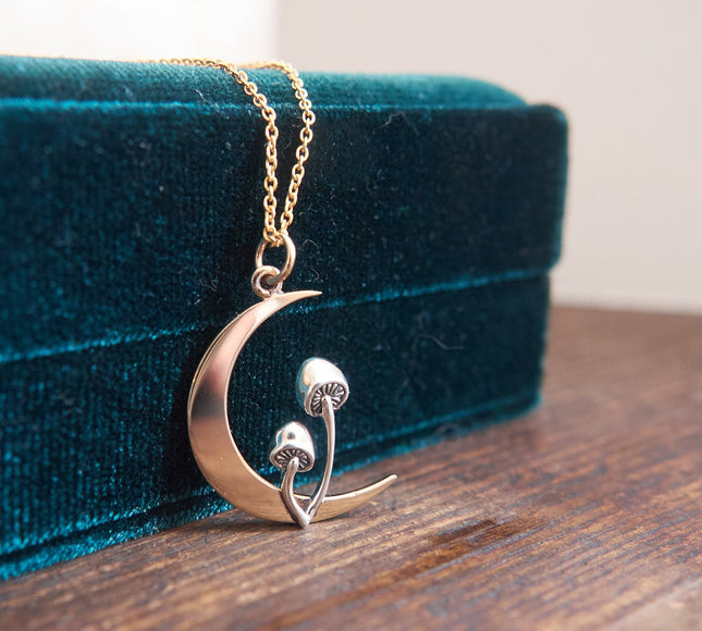 Forager Mushroom Moon Necklace – Sterling Silver & Bronze Pendant, 18" Gold Filled Chain, Handmade in Raleigh