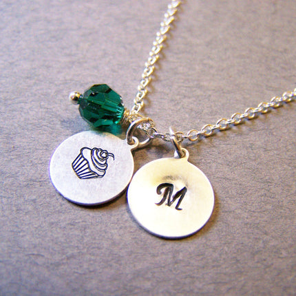 Monogrammed Sterling Silver Initial Swarovski Crystal Birthstone Birthday Cupcake Necklace / Gift for Her