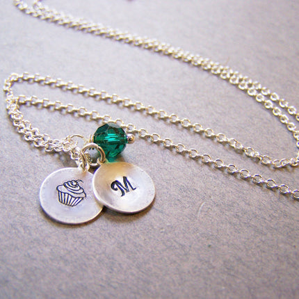 Monogrammed Sterling Silver Initial Swarovski Crystal Birthstone Birthday Cupcake Necklace / Gift for Her